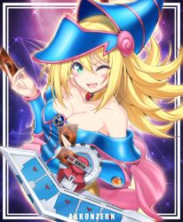 Rule 34 | 1girl, bare shoulders, blonde hair, blue dress, blue hat, blush stickers, breasts, cage unlimited, card, cleavage, collaboration, collarbone, dark magician girl, dress, duel disk, duel monster, green eyes, hamachi no senaka (buri no nitsuke), hat, highres, holding, holding card, large breasts, long hair, off shoulder, one eye closed, pink skirt, skirt, solo, witch, witch hat, yu-gi-oh!, yu-gi-oh! duel monsters