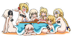 Rule 34 | 10s, 6+girls, ahoge, akou roushi, arcueid brunestud, armpits, artoria pendragon (all), artoria pendragon (fate), ass, bar censor, blonde hair, blue eyes, blush, braid, breasts, brown eyes, butt crack, casual nudity, censored, chopsticks, commentary request, cup, eating, fate/apocrypha, fate/extra, fate/grand order, fate/stay night, fate (series), food, fruit, green eyes, helmet, jeanne d&#039;arc (fate), jeanne d&#039;arc (ruler) (fate), jeanne d&#039;arc alter (avenger) (fate), jeanne d&#039;arc alter (fate), koha-ace, kotatsu, long hair, lying, mandarin orange, multiple girls, navel, nero claudius (fate), nero claudius (fate) (all), nero claudius (fate/extra), noodles, nude, okita souji (fate), okita souji (koha-ace), on stomach, pink hair, ramen, red eyes, saber (fate), saber alter, sakazuki, short hair, sideboob, sitting, smile, sweatdrop, table, tsukihime, type-moon