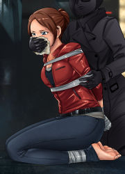 Rule 34 | 2girls, absurdres, ada wong, blue eyes, bound, bound ankles, bound torso, bound wrists, breasts, brown hair, capcom, chloroform, claire redfield, cleavage, coat, covering own mouth, dress, earrings, gag, gagged, gagging, grabbing, grabbing from behind, hand gagged, hand over another&#039;s mouth, hand over another's mouth, highres, jewelry, legs, lost one zero, medium breasts, multiple girls, red dress, resident evil, resident evil 2, seiza, shirt, shorts, sitting, sweat, tape, thighs, trench coat