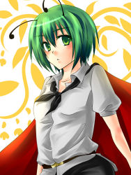 Rule 34 | 1girl, antennae, bad id, bad pixiv id, blush, cape, female focus, green hair, looking at viewer, ryou (pixiv779953), ryou (rmssre3783), shirt, short hair, short sleeves, simple background, solo, touhou, white shirt, wriggle nightbug