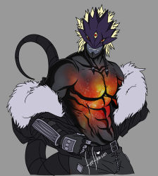 Rule 34 | 1boy, abs, absurdres, artist name, bara, bare shoulders, beelzebumon, belt, blonde hair, collarbone, digimon, digimon (creature), extra eyes, fangs, fingerless gloves, fireflea, fur trim, gloves, grey background, hand on own hip, highres, muscular, muscular male, no humans, off-shoulder jacket, off shoulder, open mouth, pants, red eyes, scar, scar across eye, simple background, solo, tail, third eye, upper body, zipper