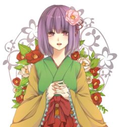 Rule 34 | 1girl, bad id, bad pixiv id, blunt bangs, bob cut, breasts, female focus, floral background, flower, hair flower, hair ornament, hieda no akyuu, japanese clothes, own hands clasped, own hands together, pink flower, pink rose, purple eyes, purple hair, red flower, red rose, rose, short hair, small breasts, solo, tomoe (itigo), touhou, upper body, white flower, white rose