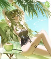 absurdres beach_chair black_one-piece_swimsuit breasts clothing_cutout coconut_cup competition_swimsuit dated dna drinking_straw feet_out_of_frame goggles goggles_on_head green_hair highres honkai_(series) honkai_impact_3rd long_hair looking_at_viewer mobius_(honkai_impact) official_alternate_costume on_chair one-piece_swimsuit parted_lips seele_(ffva7257) side_cutout slit_pupils small_breasts snake swimsuit teeth thigh_strap twintails water