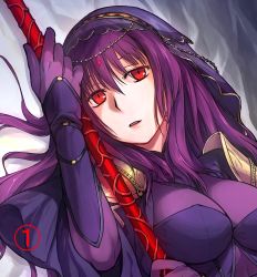 Rule 34 | 1girl, aliesta, bodysuit, breasts, fate/grand order, fate (series), gae bolg (fate), holding, holding weapon, large breasts, long hair, polearm, purple bodysuit, purple hair, red eyes, scathach (fate), scathach (fate), solo, spear, veil, weapon