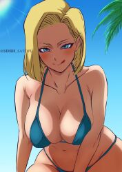 1girl android_18 artist_name beach bikini blonde_hair blue_bra blue_eyes bra breasts closed_mouth commentary_request dragon_ball dragonball_z highres licking_lips light_blush looking_at_viewer palm_tree satopuu short_hair sitting smile swimsuit tongue tongue_out tree twitter_username underwear