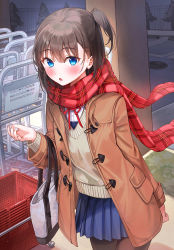 Rule 34 | 1girl, :o, arm behind back, bag, blue eyes, blue skirt, blush, brown coat, brown hair, brown pantyhose, coat, commentary request, dress shirt, hand up, long sleeves, looking at viewer, nail polish, neck ribbon, night, one side up, open clothes, open coat, open mouth, original, outdoors, pantyhose, parking lot, plaid, plaid scarf, pleated skirt, rangu, red nails, red ribbon, red scarf, ribbon, scarf, shirt, shopping basket, shopping cart, short hair, skirt, solo, sweater vest, tree, white shirt