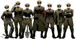 Rule 34 | 6+boys, armband, arms at sides, belt, blue eyes, boots, crossed arms, gloves, gokuto jihen, grey gloves, hand on own hip, hand up, hat, hirahara (gokuto jihen), holding, holding sword, holding weapon, indesign, kirishima (gokuto jihen), looking at viewer, male focus, military, military hat, military uniform, multiple boys, pickaxe, pocket, red eyes, sheath, sheathed, shovel, signature, smile, standing, sword, tagami (gokuto jihen), uniform, weapon, white background, yellow eyes