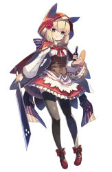 Rule 34 | 1girl, animal ears, basket, blade, blonde hair, bottle, bread, cape, carrying, corset, dress, fake animal ears, food, full body, green eyes, grimms notes, highres, hood, hosato mikine, little red riding hood (grimm), looking at viewer, mary janes, official art, shoes, short hair, simple background, solo, thighhighs, white background