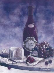 Rule 34 | artworksmil, bottle, cheese, food, fruit, grapes, lime (fruit), no humans, original, painting (medium), realistic, signature, still life, table knife, traditional media, wine bottle