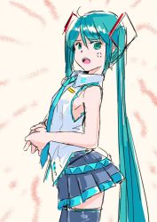 Rule 34 | 1girl, anger vein, angry, aqua eyes, aqua hair, aqua necktie, bare shoulders, belt, black skirt, black thighhighs, commentary, cowboy shot, from side, furrowed brow, hair ornament, hatsune miku, long hair, looking at viewer, mayo riyo, miniskirt, nail polish, necktie, own hands together, pleated skirt, shirt, skirt, sleeveless, sleeveless shirt, solo, thighhighs, twintails, very long hair, vocaloid, white shirt, zettai ryouiki