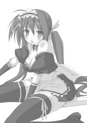 Rule 34 | 00s, 1girl, ahoge, airi (queen&#039;s blade), apron, bare shoulders, dress, frills, greyscale, hairband, long hair, looking at viewer, maid, maid apron, miyane aki (radical dash), monochrome, off shoulder, open mouth, queen&#039;s blade, simple background, solo, thighhighs, twintails, very long hair, waist apron, white background, zettai ryouiki