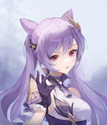 Rule 34 | 1girl, bow, braid, breasts, detached sleeves, genshin impact, gloves, hair bow, hair ornament, high collar, highres, keqing (genshin impact), le (huanglongen), long hair, looking at viewer, medium breasts, open mouth, purple eyes, purple hair, sidelocks, solo, twintails, upper body