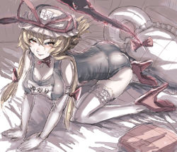 Rule 34 | 1girl, all fours, blonde hair, breasts, cleavage, elbow gloves, female focus, frilled pillow, frills, gap (touhou), gloves, hat, hat ribbon, high heels, innertube, large breasts, long hair, one-piece swimsuit, orange eyes, panzer (p.z), pillow, ribbon, school swimsuit, shoes, smile, solo, swim ring, swimsuit, thighhighs, touhou, white gloves, white thighhighs, yakumo yukari