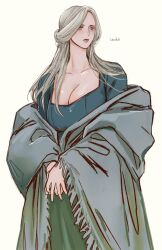Rule 34 | 1girl, artist name, blue dress, breasts, cleavage, closed mouth, collarbone, cowboy shot, dress, dungeon meshi, fringe trim, genderswap, genderswap (mtf), grey hair, half updo, highres, laios touden, large breasts, long hair, long sleeves, looking away, looking to the side, off shoulder, own hands together, shawl, simple background, solo, standing, urako (iamurako), white background, yellow eyes