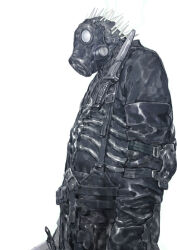 1boy absurdres caiman_(dorohedoro) chenrong96 dorohedoro gas_mask highres holding holding_weapon knife male_focus mask simple_background spikes weapon white_background