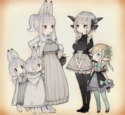 Rule 34 | 1boy, 4girls, animal ears, animal hands, blonde hair, blue eyes, blush, breasts, brother and sister, dress, family, full body, hands on own cheeks, hands on own face, highres, horns, jitome, large breasts, long hair, long pointy ears, mother and daughter, mother and son, multiple girls, original, pointy ears, ponytail, rabbit boy, rabbit ears, rabbit girl, sakutake (ue3sayu), siblings, white hair