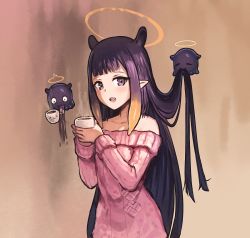 Rule 34 | 1girl, :o, = =, bare shoulders, black eyes, blunt bangs, bridal garter, coffee, coffee mug, collarbone, cup, fang, flat chest, gradient hair, halo, hexunart, holding, hololive, hololive english, looking at viewer, mouth hold, mug, multicolored hair, ninomae ina&#039;nis, off-shoulder sweater, off shoulder, open mouth, pink sweater, pointy ears, purple hair, sidelocks, smile, solo, standing, sweater, takodachi (ninomae ina&#039;nis), tentacle hair, virtual youtuber