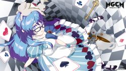 Rule 34 | 1girl, alice in wonderland, artist request, blue eyes, blue hair, card, cup, dress, glasses, highres, key, long hair, looking at viewer, magical girl, magicami, official art, official wallpaper, okada marianne, open mouth, playing card, rabbit, sidelocks