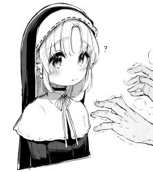 Rule 34 | 1girl, 1other, ?, aged down, child, cropped torso, eyebrows, greyscale, habit, highres, kawaraya koh, long hair, monochrome, nijisanji, nun, out of frame, sister claire, sister claire (1st costume), sketch, solo focus, spoken question mark, traditional nun, upper body, virtual youtuber