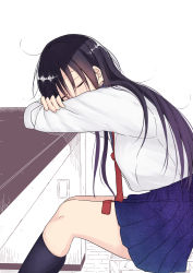 Rule 34 | 1girl, absurdres, black hair, closed eyes, commentary request, head on arm, highres, leaning on object, long hair, original, pleated skirt, rucchiifu, sailor collar, school uniform, serafuku, simple background, skirt, sleeping, solo, white background