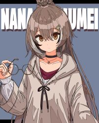 Rule 34 | 1girl, ahoge, black choker, brown eyes, brown hair, brown hoodie, character name, choker, double-parted bangs, feather hair ornament, feathers, glasses, hair between eyes, hair ornament, highres, hololive, hololive english, hood, hoodie, jewelry, ligne claire, long hair, looking at viewer, multicolored hair, nanashi mumei, nanashi mumei (casual), necklace, official alternate costume, official alternate hairstyle, oversized clothes, ponytail, red shirt, round eyewear, shirt, sleeves past wrists, streaked hair, sweater, tanau, very long hair, virtual youtuber, white sweater, wide sleeves