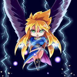 1girl angry belt black_background black_footwear black_wings blonde_hair blue_dress breasts breath_of_fire breath_of_fire_ii casting_spell chibi chibi_only commentary_request daibo dress exercising feathered_wings full_body gauntlets gem glowing_hands green_eyes green_gemstone highres lightning long_hair looking_at_viewer magic medium_breasts nina_(breath_of_fire_ii) puffy_short_sleeves puffy_sleeves purple_gemstone short_sleeves simple_background sit-up solo wings