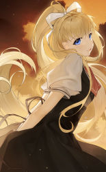 Rule 34 | 1girl, absurdres, air (visual novel), arms behind back, ascot, black dress, black ribbon, blonde hair, blue eyes, blush, bow, cloud, cloudy sky, commentary, cowboy shot, dress, eyelashes, floating hair, from side, hair bow, head tilt, high ponytail, highres, kamio misuzu, koyo akio, leaning forward, light particles, long hair, looking at viewer, looking to the side, parted lips, pinafore dress, pleated dress, ponytail, puffy short sleeves, puffy sleeves, red ascot, ribbon, school uniform, shirt, short sleeves, sidelocks, sky, sleeveless, sleeveless dress, smile, solo, standing, sunset, twilight, very long hair, white bow, white shirt