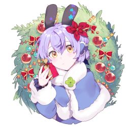 Rule 34 | 1girl, blue capelet, blue coat, capelet, christmas, christmas ornaments, christmas wreath, coat, cropped torso, flower, fur-trimmed capelet, fur-trimmed coat, fur trim, gift, giving, hair flower, hair ornament, holding, holding gift, kuze (ira), light frown, lillie (kuze), long sleeves, original, purple hair, red flower, short hair, simple background, solo, star ornament, symbol-shaped pupils, white background, wreath, yellow eyes