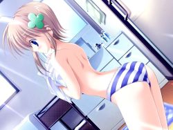 Rule 34 | 1girl, :d, ass, back, blue eyes, blue panties, blush, brown hair, dutch angle, game cg, hair ornament, leaning forward, mikeou, miraroma, open mouth, panties, panties only, short hair, smile, solo, standing, striped clothes, striped panties, takahara ai, topless, underwear, underwear only, undressing