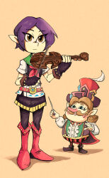 Rule 34 | 1boy, 1girl, conductor baton, black pantyhose, boots, bow (music), brown eyes, facial hair, fingerless gloves, gloves, hat, height difference, highres, instrument, long nose, mastro (zelda), mustache, neckerchief, nintendo, pantyhose, pointy ears, purple hair, red footwear, red neckerchief, setz, short hair, the legend of zelda, the legend of zelda: tears of the kingdom, top hat, violin, violynne (zelda)