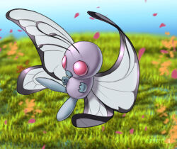 Rule 34 | artist name, blurry, blurry background, butterfree, commentary request, creatures (company), day, falling petals, fangs, flying, full body, game freak, gen 1 pokemon, nintendo, no humans, outdoors, petals, pink eyes, pokemon, pokemon (creature), soezy, solo