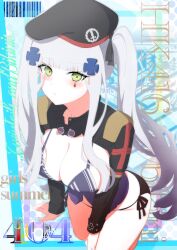 Rule 34 | 1girl, alternate costume, alternate hairstyle, beret, bikini, black hat, blush, breasts, character name, cleavage, commentary request, cowboy shot, frown, girls&#039; frontline, green eyes, grey hair, hair ornament, hat, highres, hk416 (girls&#039; frontline), large breasts, looking at viewer, shrug (clothing), solo, swimsuit, teardrop facial mark, twintails, uchikata takeaki