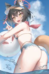 Rule 34 | 1girl, absurdres, animal ears, ass, ball, beachball, bikini, blue archive, blue sky, breasts, cloud, commentary request, day, fang, fox ears, fox girl, fox shadow puppet, fox tail, halo, highres, holding, holding ball, holding beachball, izuna (blue archive), izuna (swimsuit) (blue archive), looking at viewer, medium breasts, ocean, official alternate costume, open mouth, oshage (osyage921), outdoors, partially submerged, red halo, skin fang, sky, solo, striped bikini, striped clothes, swimsuit, tail, visor cap, yellow eyes