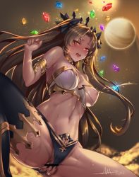 Rule 34 | 1girl, arm behind back, armlet, armpit crease, backlighting, bar censor, bare shoulders, between legs, bikini, bikini bottom aside, black bikini, black ribbon, black thighhighs, blush, breasts, bridal gauntlets, brown hair, censored, cleavage, clothing aside, collar, fate/grand order, fate (series), female masturbation, gem, hair ribbon, half-closed eyes, hand between legs, highres, ishtar (fate), lactation, large breasts, long hair, looking down, mad kimo, masturbation, mismatched bikini, navel, one breast out, open mouth, parted bangs, planet, pussy, pussy juice, red eyes, revision, ribbon, signature, single thighhigh, solo, spread legs, stomach, sweat, swimsuit, teeth, thighhighs, thighlet, tongue, tongue out, torn bikini, torn clothes, two side up, upper teeth only, venus (planet), white bikini