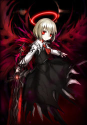 Rule 34 | 1girl, blonde hair, ex-rumia, expressionless, halo, highres, looking at viewer, neckerchief, outstretched arms, red eyes, rumia, short hair, skirt, solo, spark621, sword, touhou, vest, weapon, wings