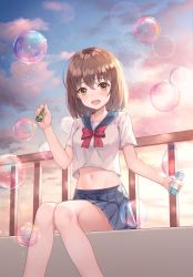 Rule 34 | 1girl, absurdres, blue sailor collar, blue skirt, blush, bob cut, bottle, bow, bowtie, brown eyes, brown hair, bubble, bubble pipe, commentary, crop top, english commentary, feet out of frame, hair between eyes, highres, holding, holding bottle, looking at viewer, medium hair, midriff, miniskirt, navel, open mouth, original, pleated skirt, red bow, red bowtie, revision, sailor collar, school uniform, serafuku, shirt, short sleeves, shuvi (shuvi1125), sitting, skirt, sky, solo, stomach, teeth, upper teeth only, white shirt