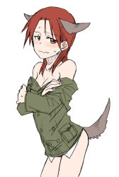 Rule 34 | 1girl, animal ears, bare legs, bare shoulders, blush, breasts, cleavage, collarbone, crossed arms, dog ears, dog tail, embarrassed, female focus, flat color, jacket, long hair, long sleeves, medium breasts, minna-dietlinde wilcke, no pants, off shoulder, panties, red eyes, red hair, simple background, solo, strike witches, sweat, tail, torinone, underwear, uniform, white background, world witches series