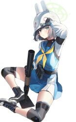 Rule 34 | 1girl, absurdres, animal ears, black footwear, black gloves, blue archive, blue eyes, blue skirt, blush, boots, closed mouth, cross-laced footwear, fake animal ears, full body, gloves, halo, helmet, highres, holding, holding weapon, knee pads, lace-up boots, long sleeves, neckerchief, outdoors, pro-p, sailor collar, saki (blue archive), school uniform, short hair, sitting, skirt, solo, sunlight, thighs, weapon, white background, white helmet, yellow neckerchief
