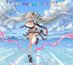 Rule 34 | 1girl, absurdly long hair, adapted costume, azur lane, bare shoulders, between breasts, breasts, cleavage, cloud, cloudy sky, confetti, crop top, day, finish line, flight deck, formidable (azur lane), frills, full body, hair ribbon, hakueil, kneehighs, large breasts, long hair, midriff, miniskirt, navel, ocean, open mouth, pennant, red eyes, relay baton, ribbon, ripples, silver hair, skirt, sky, smile, socks, solo, string of flags, thighs, twintails, two-tone ribbon, very long hair, water, white socks