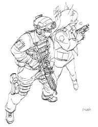 Rule 34 | 1boy, 1girl, animal ears, artist name, assault rifle, balaclava, blue archive, breath, commentary request, facing to the side, from above, gloves, goggles, goggles on headwear, greyscale, grimace, gun, halo, handgun, headphones, helmet, highres, holding, holding gun, holding weapon, holster, jacket, kanna (blue archive), legs apart, lineart, load bearing vest, long sleeves, monochrome, mushroom (osh320), pencil skirt, rifle, scope, sharp teeth, sig mcx, sig sauer, simple background, sketch, skirt, soldier, standing, tactical clothes, teeth, thigh holster, trigger discipline, two-handed, two-handed handgun grip, unfinished, weapon