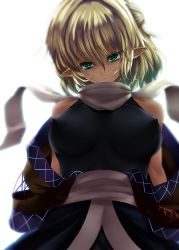 Rule 34 | 1girl, backlighting, blonde hair, breasts, covered erect nipples, frown, green eyes, highres, large breasts, mizuhashi parsee, off shoulder, pointy ears, scarf, short hair, simple background, sleeveless, solo, sousakubito, touhou, white background