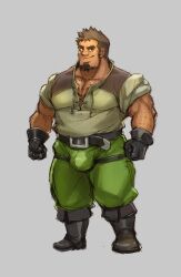 Rule 34 | 1boy, bara, beard, belt, boots, bulge lift, cross-laced slit, dark-skinned male, dark skin, facial hair, framed crotch, full body, gamma dh, goatee, highres, large pectorals, long sideburns, looking at viewer, male focus, mature male, muscular, muscular male, original, pants, pectoral cleavage, pectorals, short hair, sideburns, sideburns stubble, solo, sparse arm hair, sparse chest hair, stubble, thick beard, thick eyebrows, v-shaped eyebrows