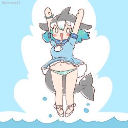 Rule 34 | 1girl, arms up, blue background, blue hair, cetacean tail, common bottlenose dolphin (kemono friends), coroha, dolphin girl, dress, fins, fish tail, full body, grey hair, head fins, jumping, kemono friends, long hair, looking at viewer, multicolored hair, panties, sailor collar, sailor dress, shoes, simple background, solo, tail, two-tone hair, underwear