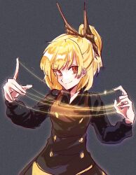 Rule 34 | 1girl, blonde hair, bow, brown bow, brown dress, brown eyes, closed mouth, commentary, dress, grey background, hair bow, highres, jikokenjiyoku 1, kurodani yamame, long sleeves, looking at viewer, ponytail, short hair, silk, simple background, smile, solo, spider web, touhou, upper body
