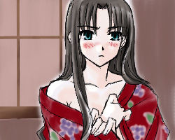 Rule 34 | 1girl, blush, boribeya, fate/stay night, fate (series), hair down, japanese clothes, kimono, lowres, off shoulder, solo, tohsaka rin