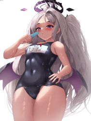 Rule 34 | 1girl, :o, absurdres, bat wings, black one-piece swimsuit, blue archive, blush, breasts, commentary, covered navel, food, grey hair, hair ornament, hairclip, halo, highres, hina (blue archive), hina (swimsuit) (blue archive), long hair, looking at viewer, low wings, mua (mua pb), official alternate costume, old school swimsuit, one-piece swimsuit, popsicle, purple eyes, school swimsuit, simple background, small breasts, solo, sweat, swimsuit, thighs, very long hair, whistle, whistle around neck, white background, wings