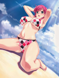 Rule 34 | 00s, 1girl, absurdres, armpits, barefoot, beach, bikini, breasts, cloud, dutch angle, green eyes, happoubi jin, happy, highres, iihara nao, large breasts, looking at viewer, outdoors, red hair, resort boin, smile, striped bikini, striped clothes, swimsuit, thick thighs, thighs