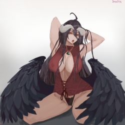 Rule 34 | albedo (overlord), armpits, arms up, breasts, cleavage, cleavage cutout, clothing cutout, demon girl, highres, horns, large breasts, long hair, nipple slip, nipples, non-web source, open mouth, overlord (maruyama), self-upload, signature, solo, thighs, underwear, wings, yellow eyes