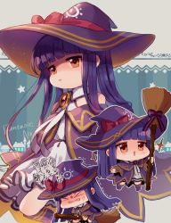 Rule 34 | &gt; &lt;, 1girl, :&gt;, blunt bangs, blush, bow, broom, broom riding, brown eyes, chibi, closed eyes, commentary request, dress, hat, hat bow, highres, holding, holding broom, idolmaster, idolmaster cinderella girls, long sleeves, multiple views, ofu dere, parted lips, purple hair, purple headwear, red bow, sajo yukimi, sleeves past wrists, sparkle, star (symbol), translation request, trembling, triangle mouth, white dress, wide sleeves, witch hat