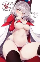 Rule 34 | 1girl, anger vein, armor, bikini, bikini armor, black thighhighs, blunt bangs, blush, breasts, cape, carmilla (fate), cleavage, closed mouth, command spell, cosplay, curly hair, elizabeth bathory (brave) (fate), elizabeth bathory (brave) (fate) (cosplay), elizabeth bathory (fate), embarrassed, fang, fate/grand order, fate (series), headpiece, highres, large breasts, long hair, looking at viewer, navel, netarou, nose blush, pale skin, red armor, red bikini, silver hair, sitting, speech bubble, string bikini, swimsuit, thighhighs, wavy hair, wavy mouth, white background, white cape, yellow eyes